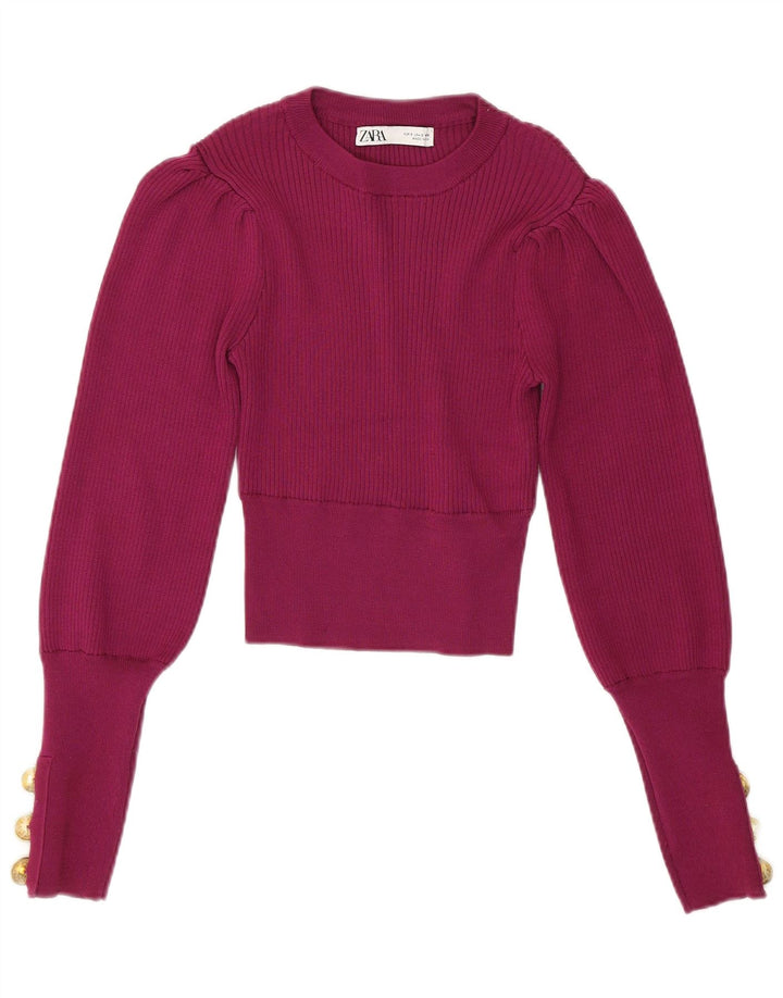 ZARA Womens Crop Crew Neck Jumper Sweater UK 10 Small Burgundy Polyester