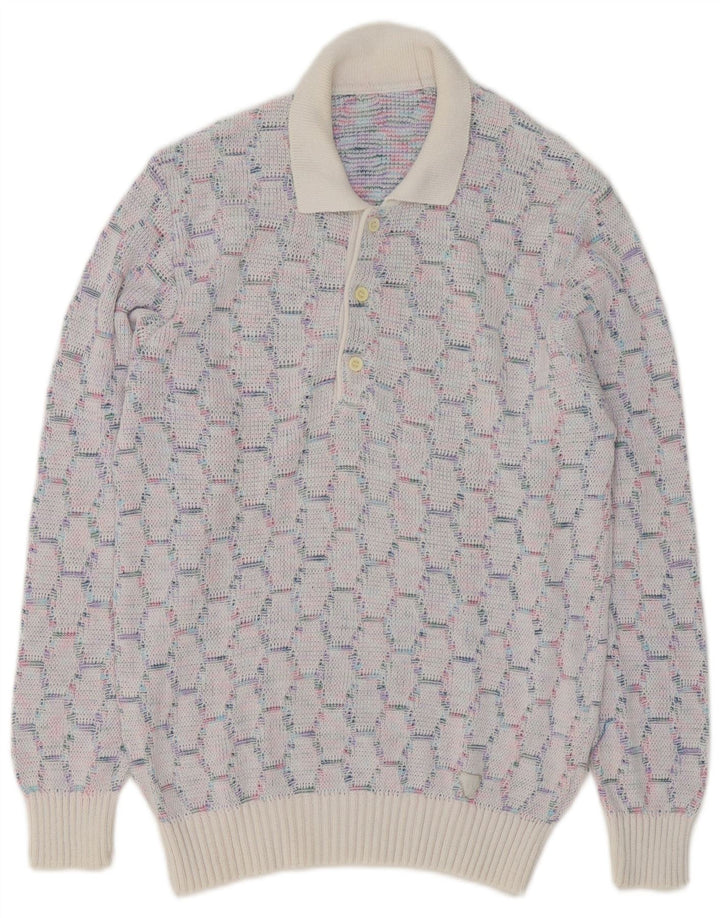 VINTAGE Mens Polo Neck Jumper Sweater Medium Blue Geometric