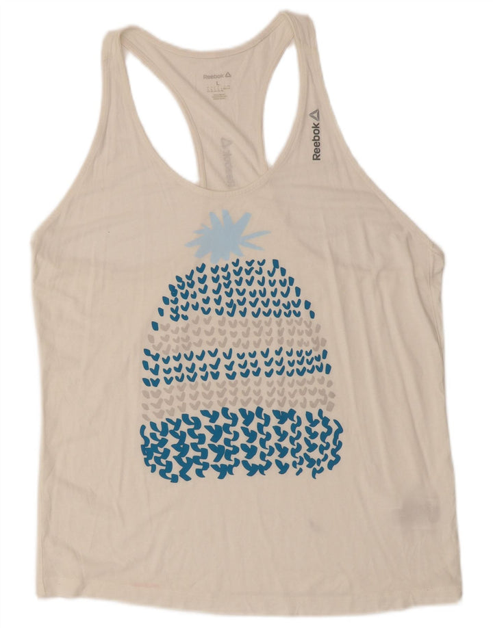 REEBOK Womens Graphic Vest Top UK 16/18 Large White Modal