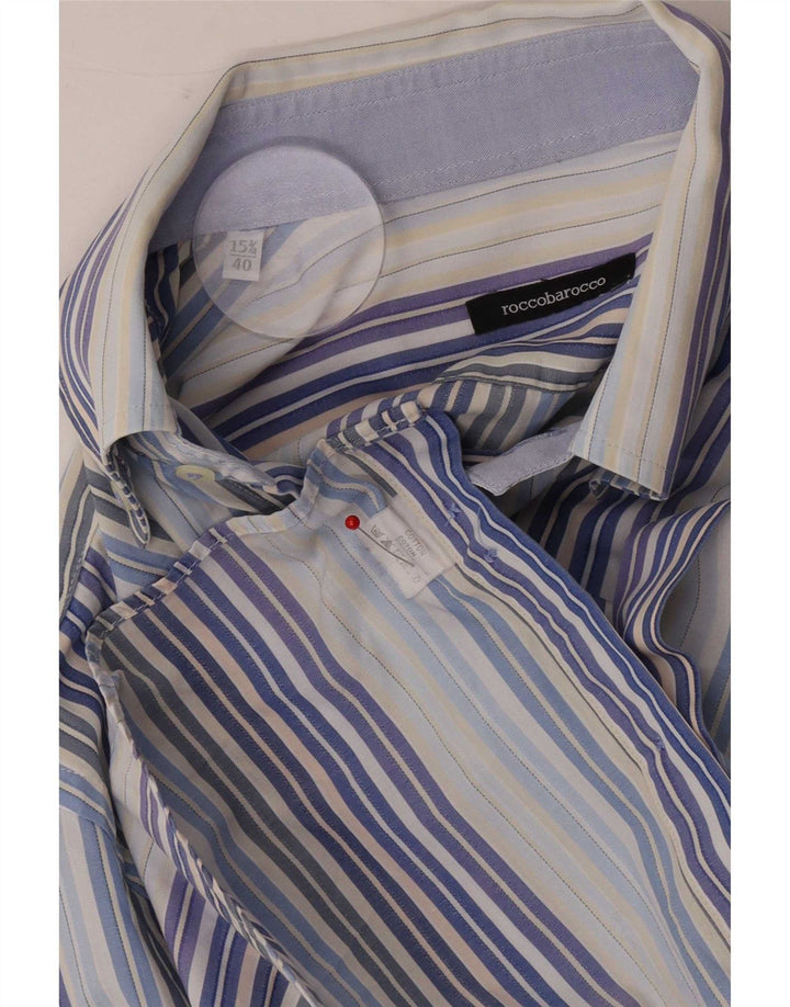 Roccobarocco Mens Shirt Size 40 15 3/4 Medium Blue Striped Cotton