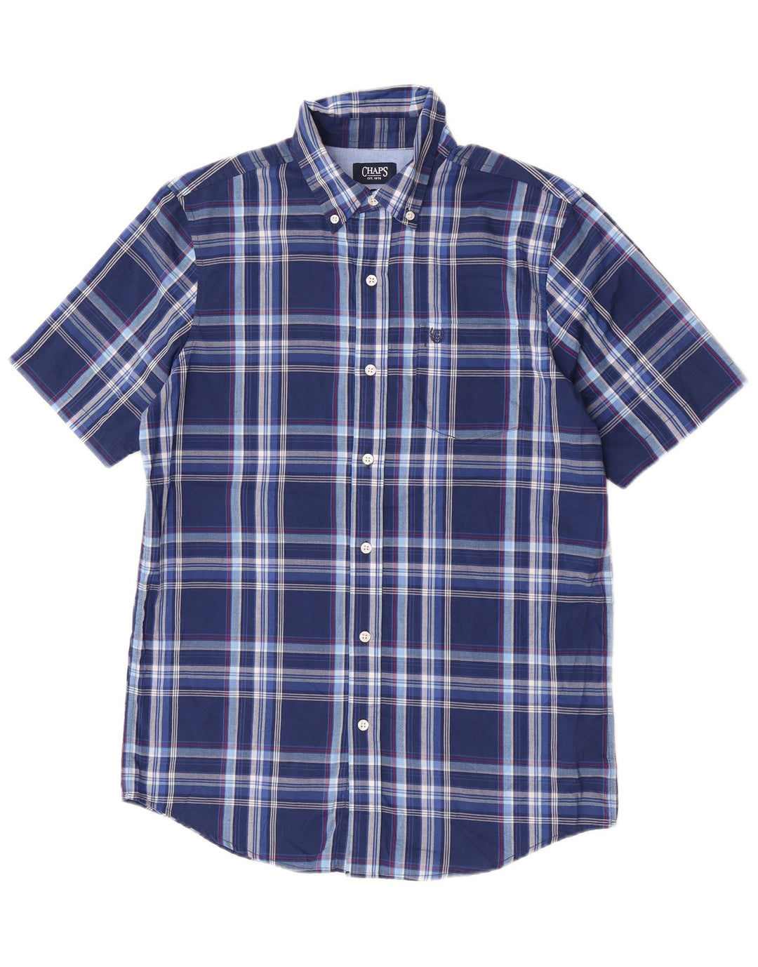 Chaps Mens Easy Care Short Sleeve Shirt Small Navy Blue Plaid Cotton