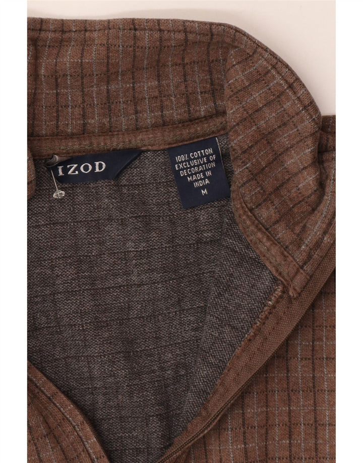 Izod Mens Zip Neck Sweatshirt Jumper Medium Brown Check Cotton