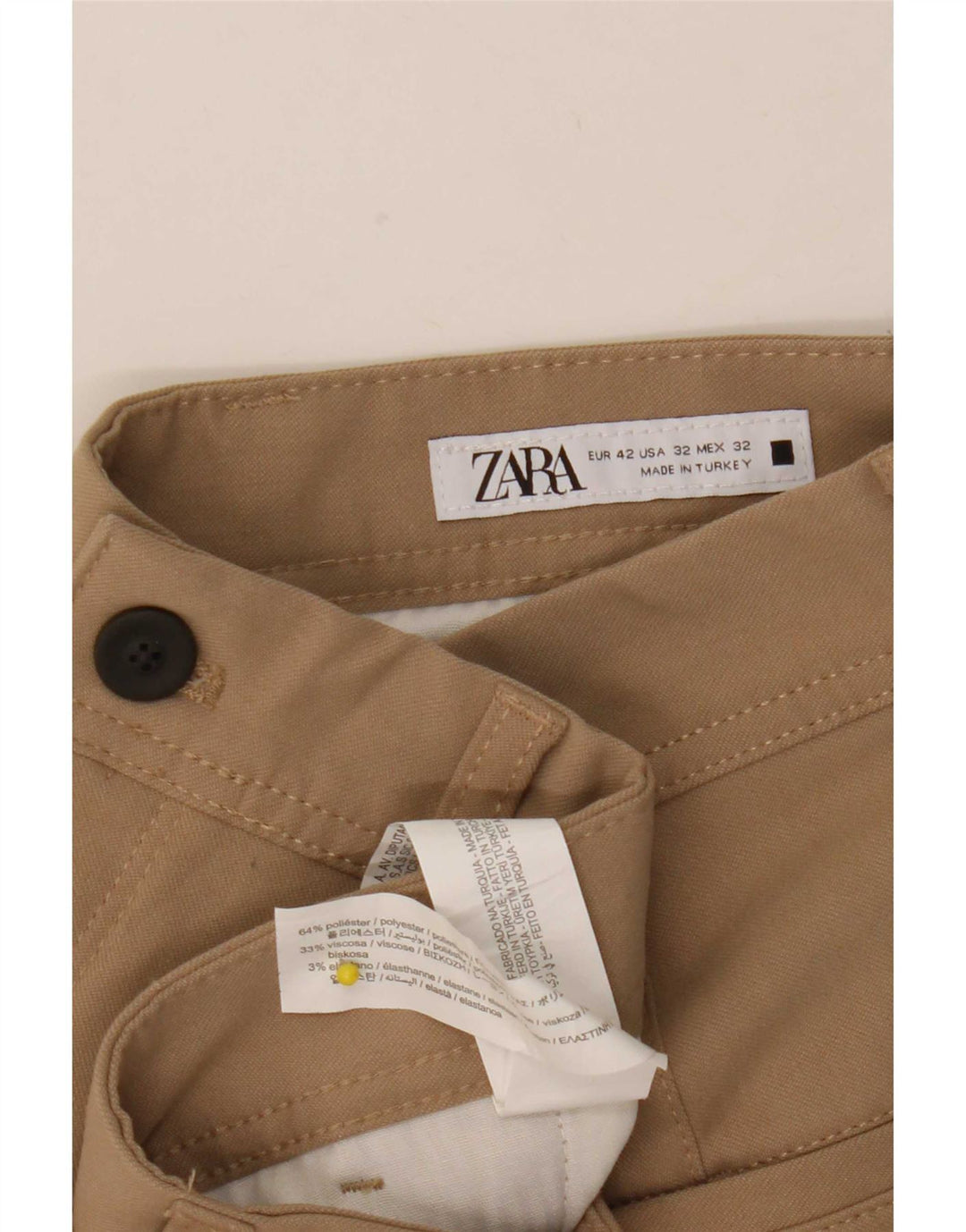 Zara Mens Slim Chino Trousers EU 42 Large W32 L28 Beige Polyester
