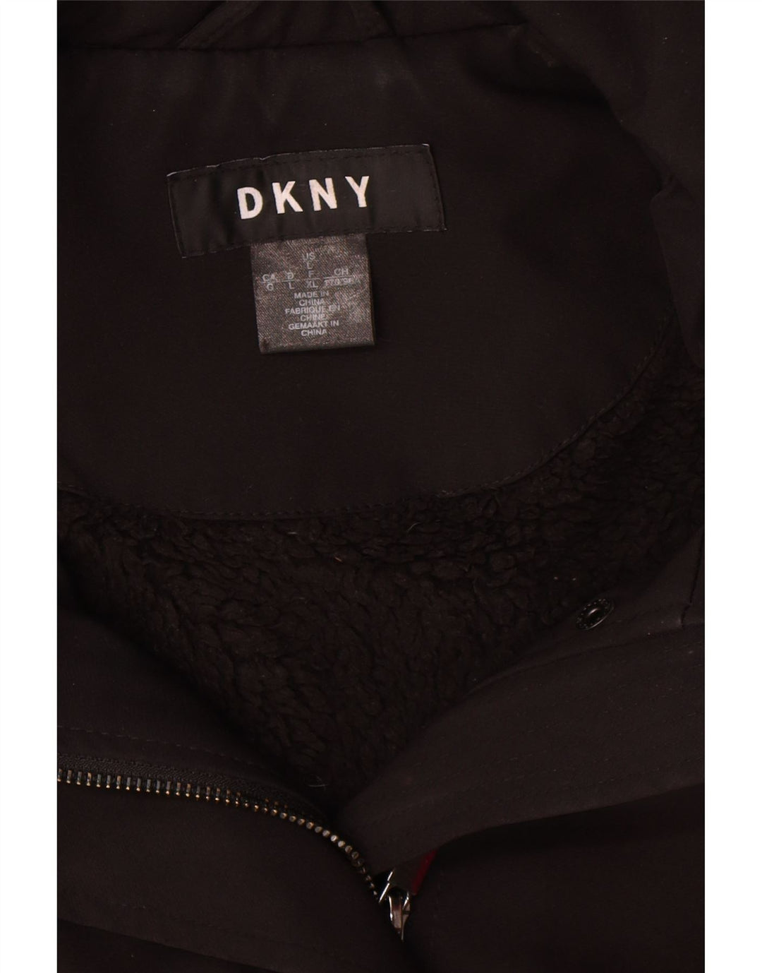Dkny Womens Hooded Sherpa Overcoat UK 16 Large Black Polyester