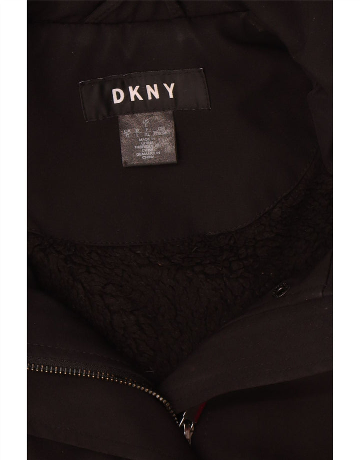 Dkny Womens Hooded Sherpa Overcoat UK 16 Large Black Polyester