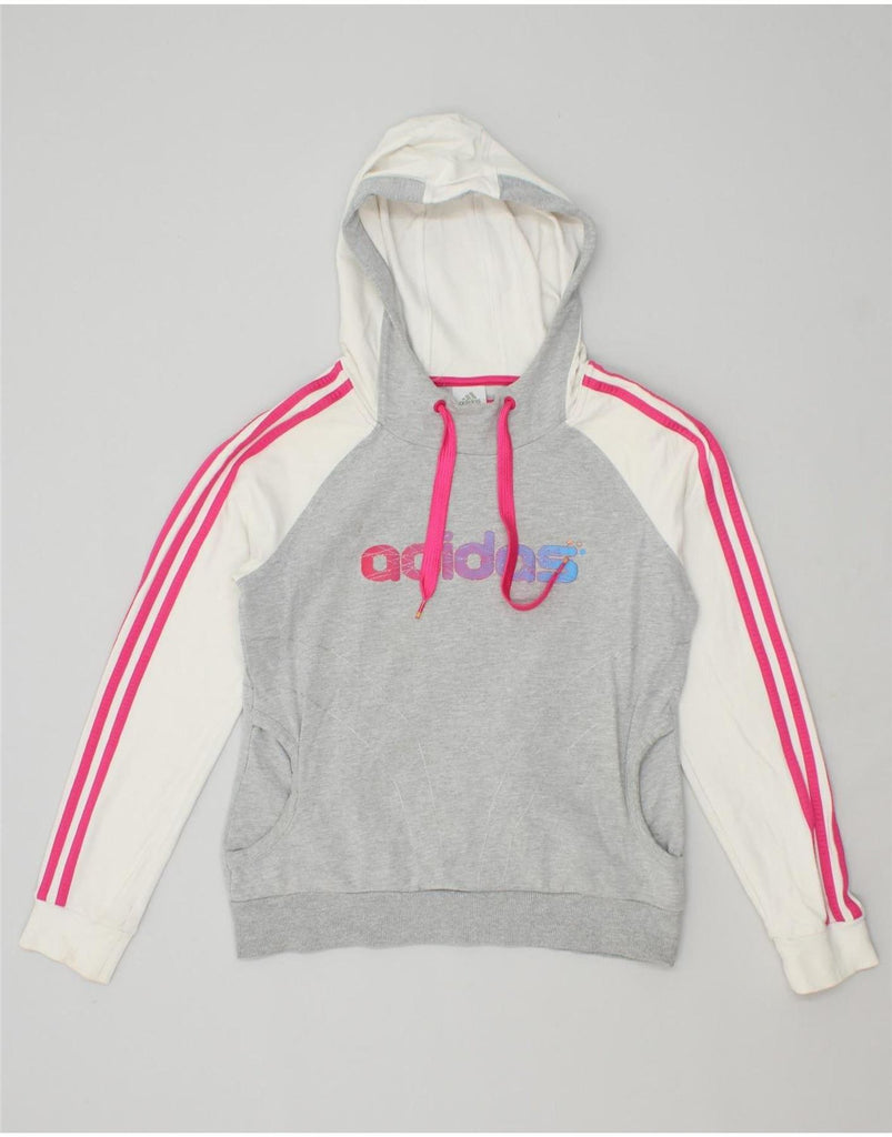 ADIDAS Womens Graphic Hoodie Jumper UK 14 Large Grey Colourblock Cotton Vintage Adidas and Second-Hand Adidas from Messina Hembry 