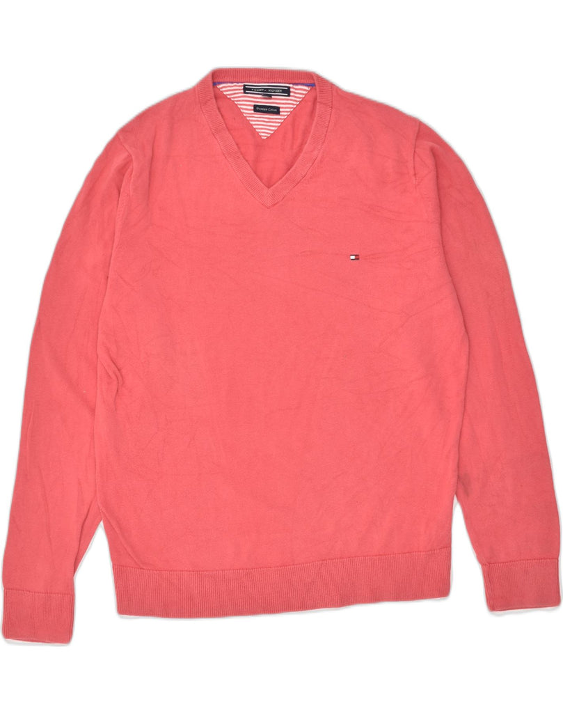 TOMMY HILFIGER Mens V-Neck Jumper Sweater Medium Pink Cotton | Vintage Tommy Hilfiger | Thrift | Second-Hand Tommy Hilfiger | Used Clothing | Messina Hembry 