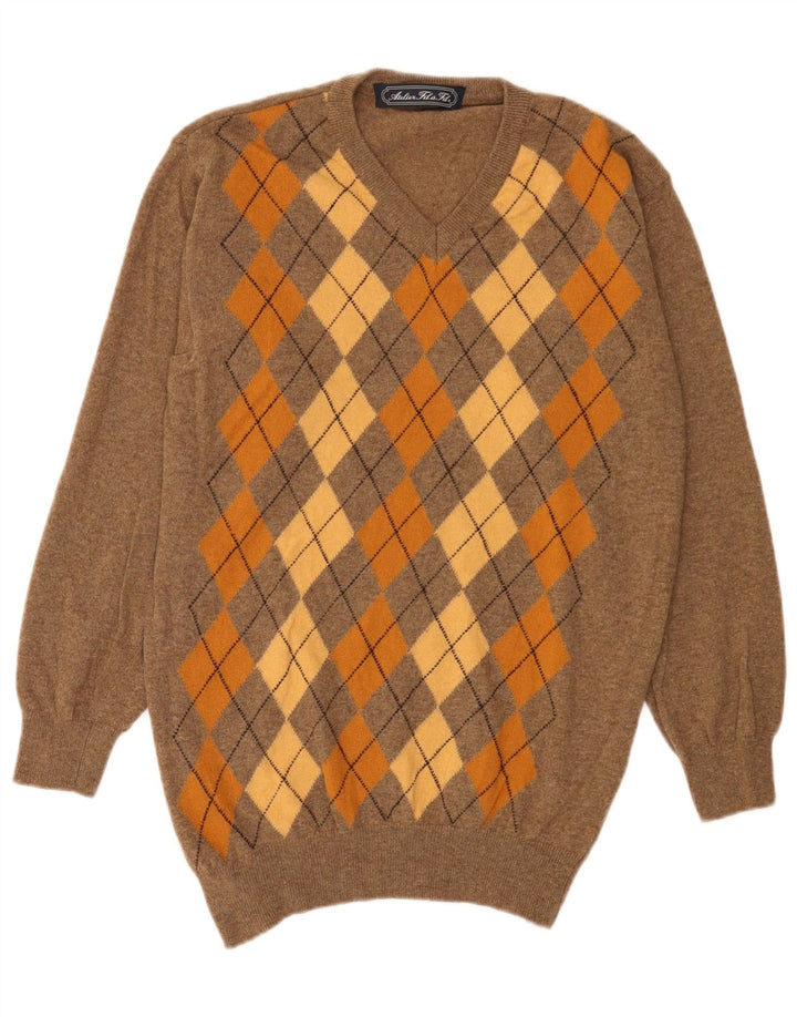 Vintage Mens V-Neck Jumper Sweater XL Brown Argyle/Diamond Wool