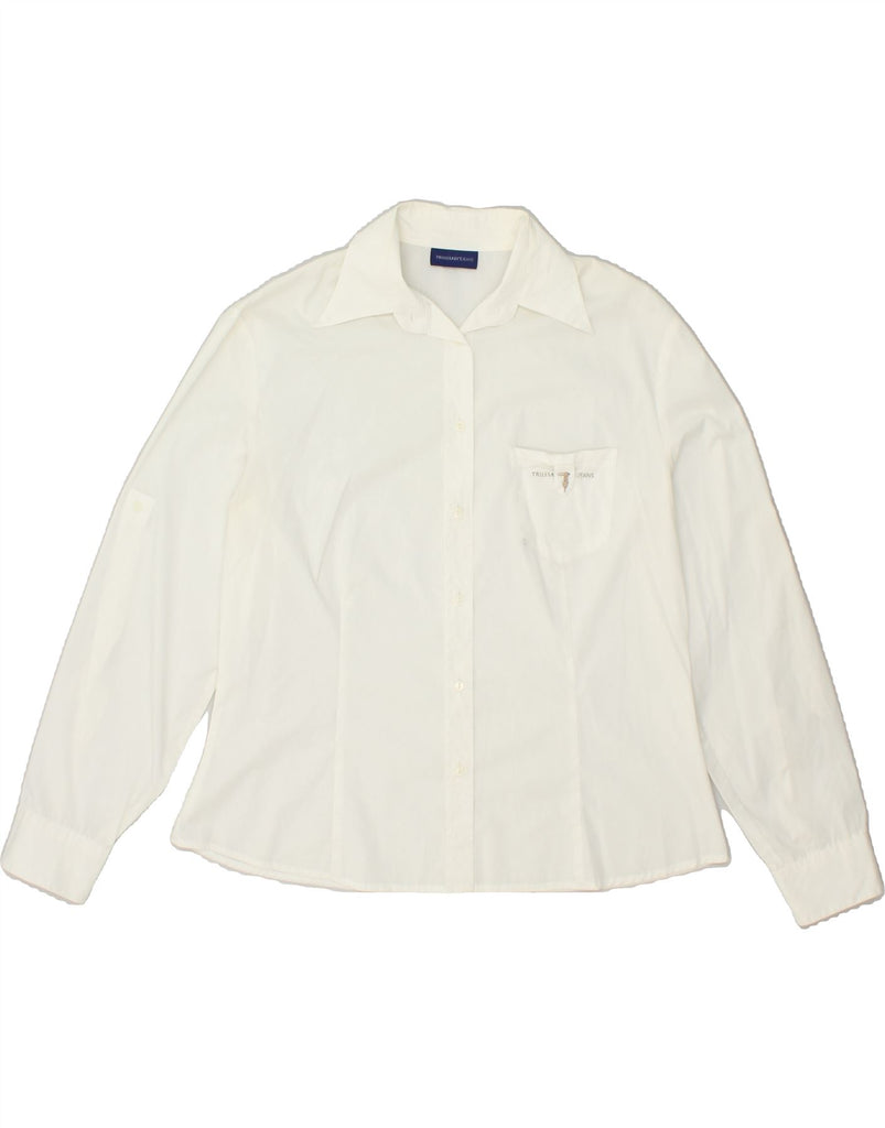 TRUSSARDI Womens Graphic Shirt UK 20 2XL White Cotton | Vintage Trussardi | Thrift | Second-Hand Trussardi | Used Clothing | Messina Hembry 