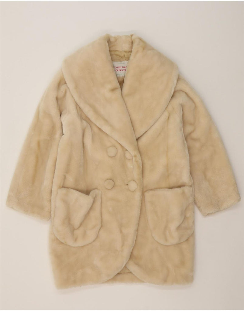 BENETTON Womens 3/4 Sleeve Faux Fur Overcoat IT 42 Medium Beige Acrylic Vintage Benetton and Second-Hand Benetton from Messina Hembry 