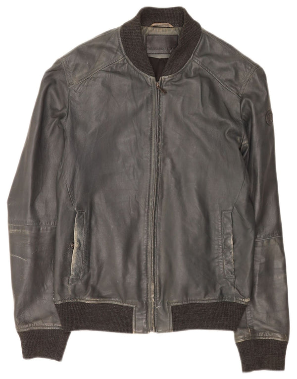 Trussardi Jeans Womens Bomber Leather Jacket IT 50 XL Navy Blue