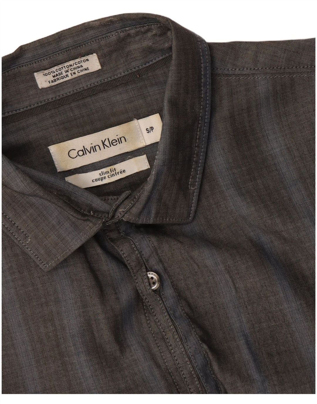 Calvin Klein Mens Slim Fit Shirt Small Grey Herringbone Cotton