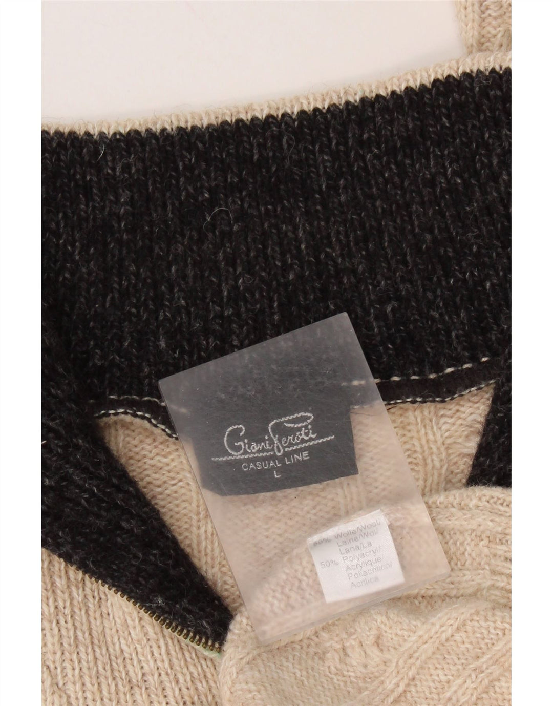 GIANI FEROTI Mens Zip Neck Jumper Sweater Large Beige Wool