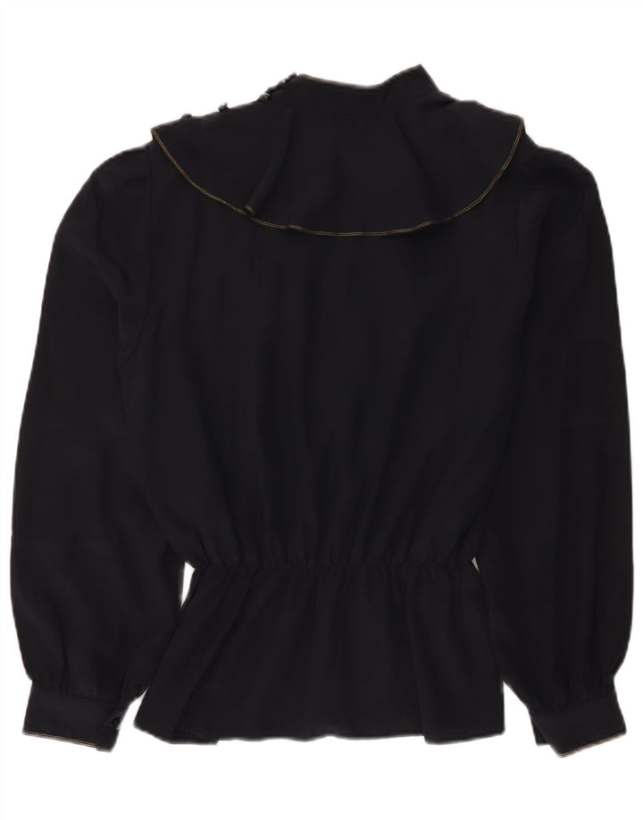 Vintage Womens Long Sleeve Blouse Top UK 14 Medium Navy Blue Floral