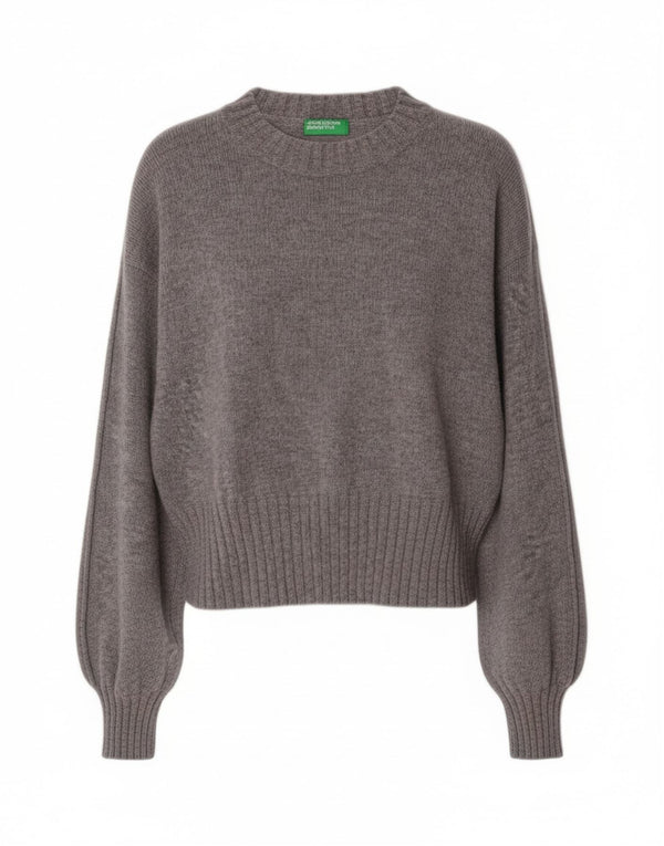 Benetton Womens Crop Boat Neck Jumper Sweater UK 10 Small Grey Wool