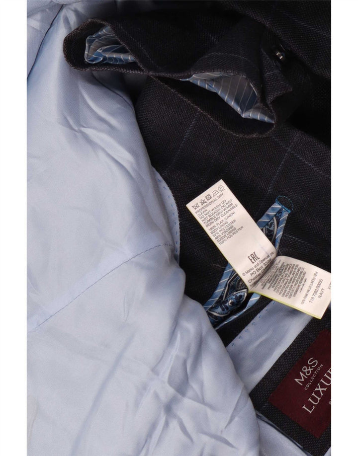 Marks & Spencer Mens 2 Button Blazer Jacket UK 44 XL Navy Blue Check Linen