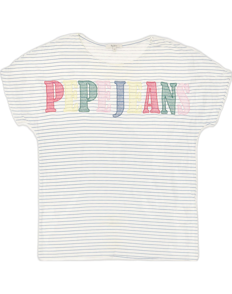 PEPE JEANS Womens Graphic T-Shirt Top UK 10 Small White Pinstripe Cotton | Vintage PEPE Jeans | Thrift | Second-Hand PEPE Jeans | Used Clothing | Messina Hembry 