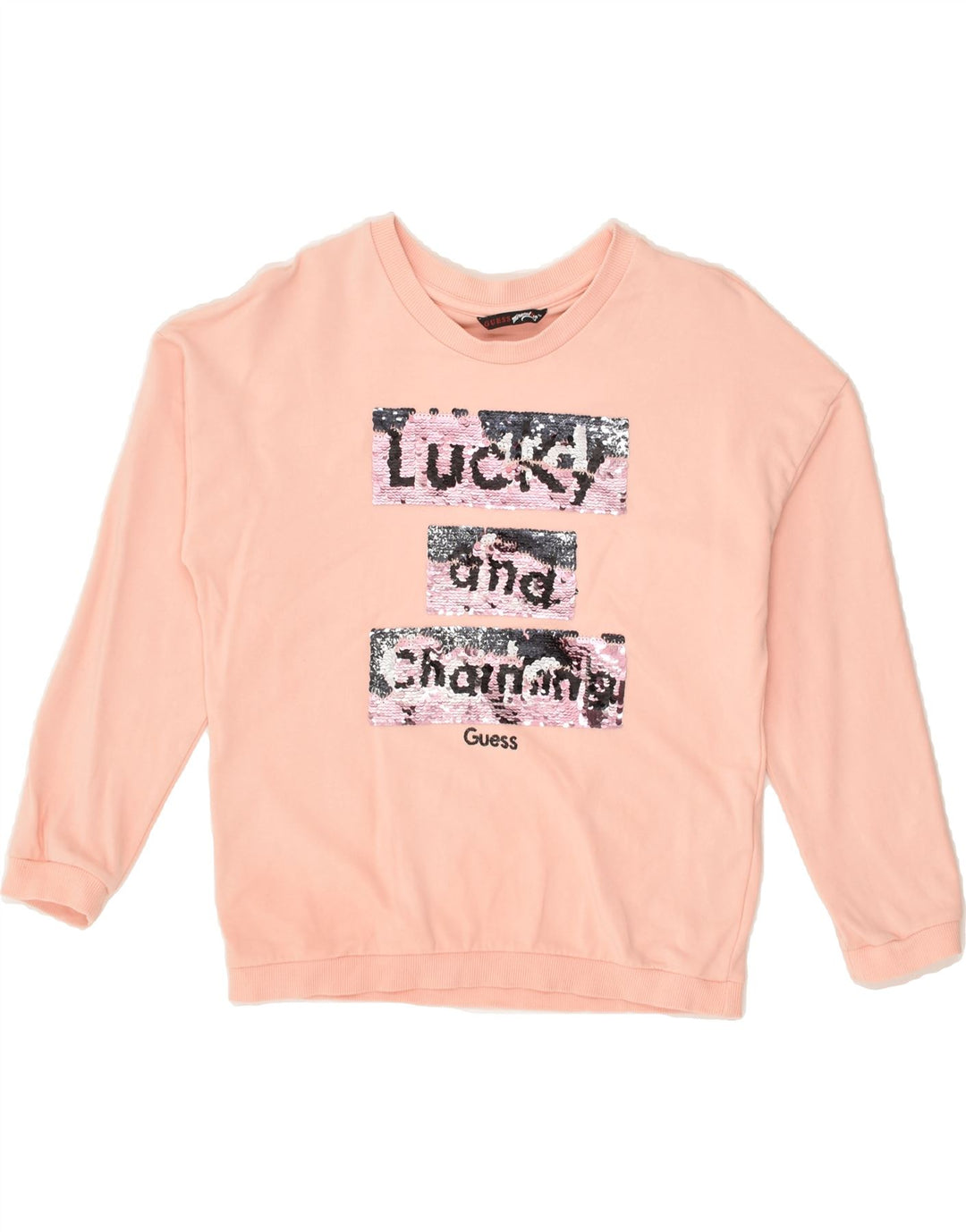 GUESS Girls Graphic Sweatshirt Jumper 9-10 Years Pink Cotton | Vintage Guess | Thrift | Second-Hand Guess | Used Clothing | Messina Hembry 