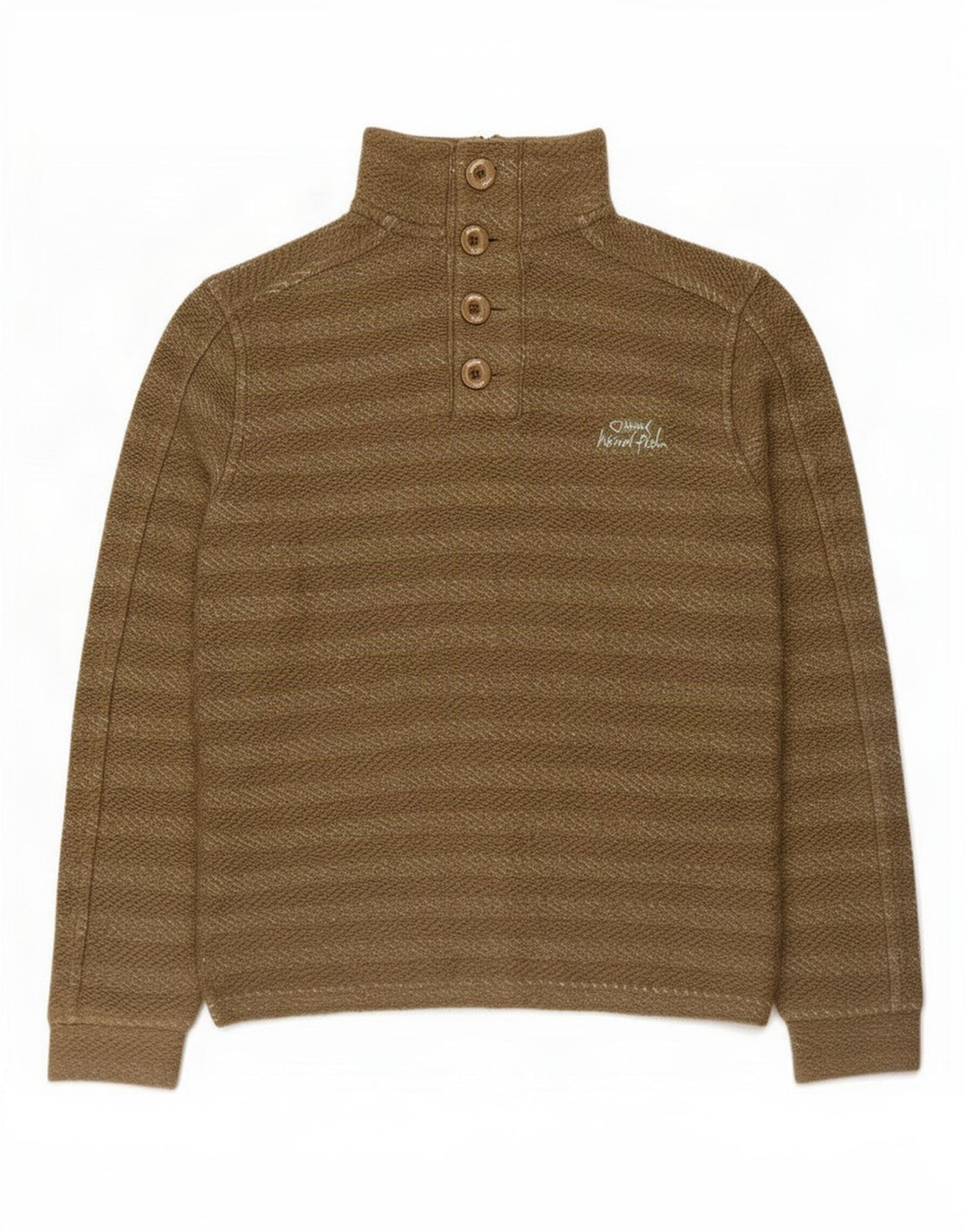 Weird Fish Mens Button Neck Sweatshirt Jumper Small Khaki Striped Cotton