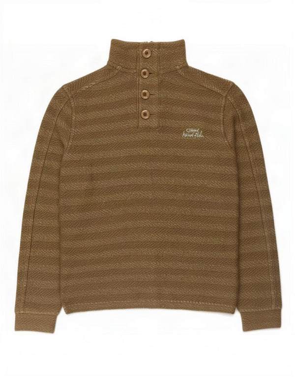 Weird Fish Mens Button Neck Sweatshirt Jumper Small Khaki Striped Cotton