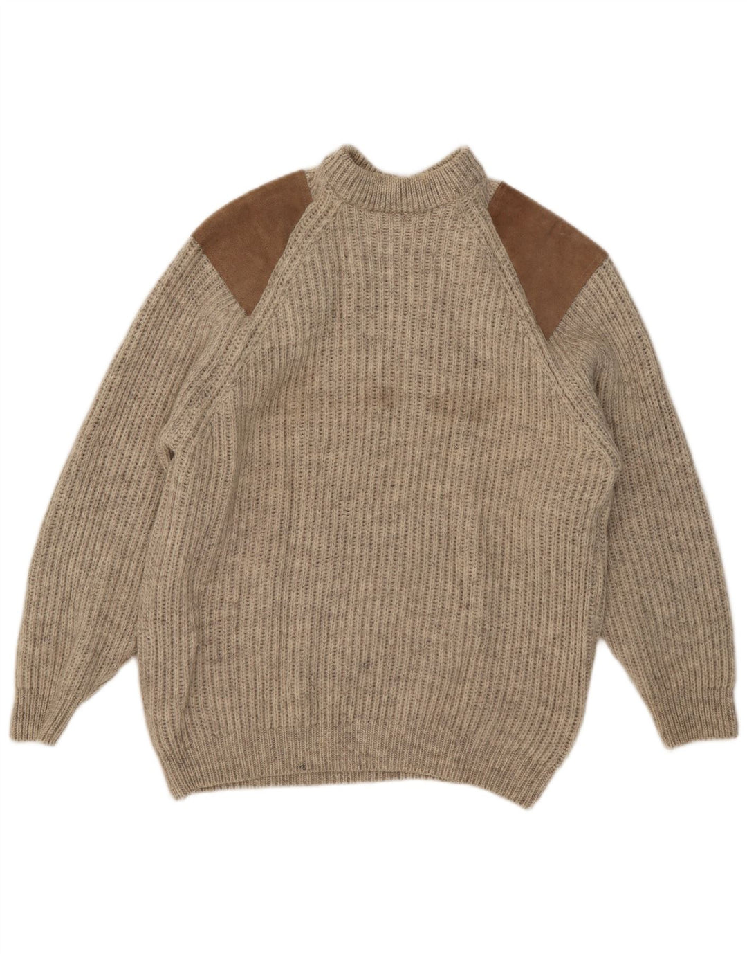 Vintage Mens Turtle Neck Jumper Sweater Large Beige Colourblock Wool