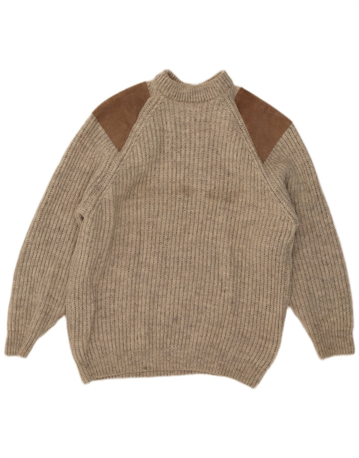 Vintage Mens Turtle Neck Jumper Sweater Large Beige Colourblock Wool