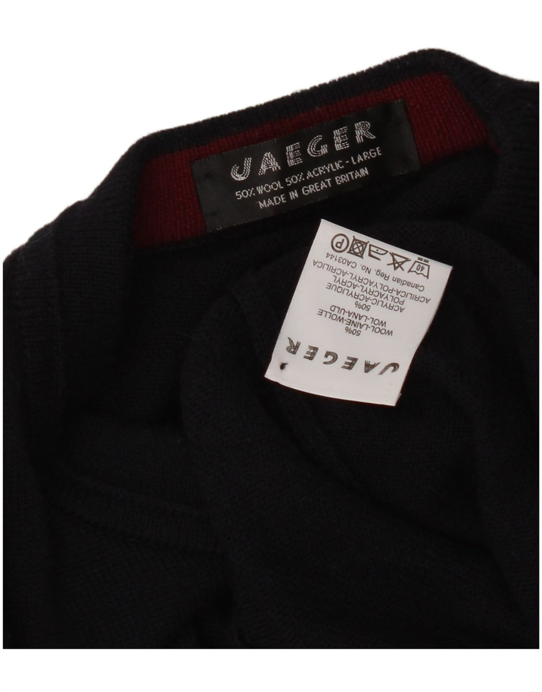 Jaeger Mens Graphic Crew Neck Jumper Sweater Large Navy Blue Wool