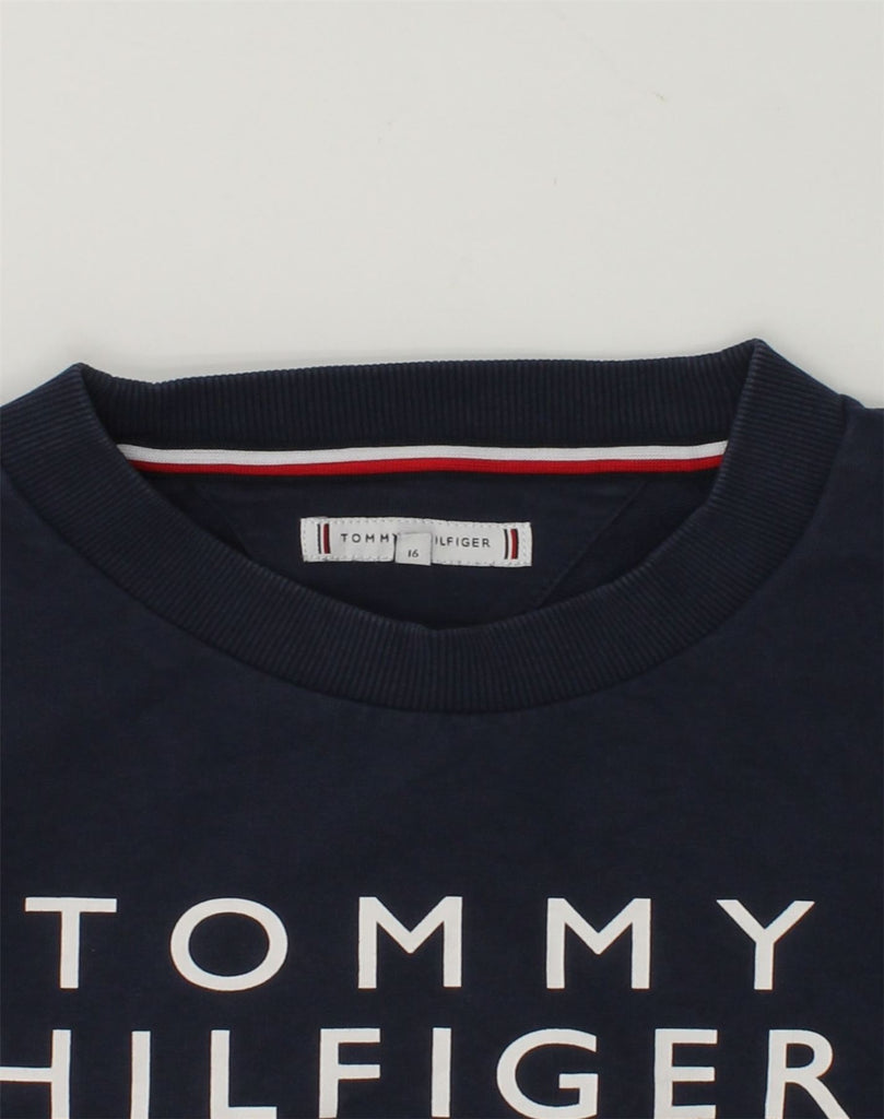 TOMMY HILFIGER Girls Graphic Sweatshirt Jumper 15-16 Years Navy Blue | Vintage Tommy Hilfiger | Thrift | Second-Hand Tommy Hilfiger | Used Clothing | Messina Hembry 