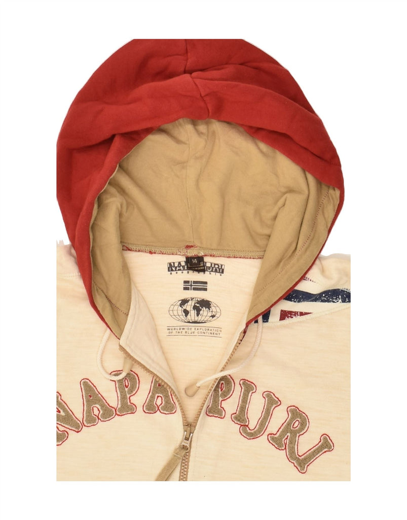 NAPAPIJRI Boys Graphic Zip Hoodie Sweater 13-14 Years Beige Cotton | Vintage Napapijri | Thrift | Second-Hand Napapijri | Used Clothing | Messina Hembry 