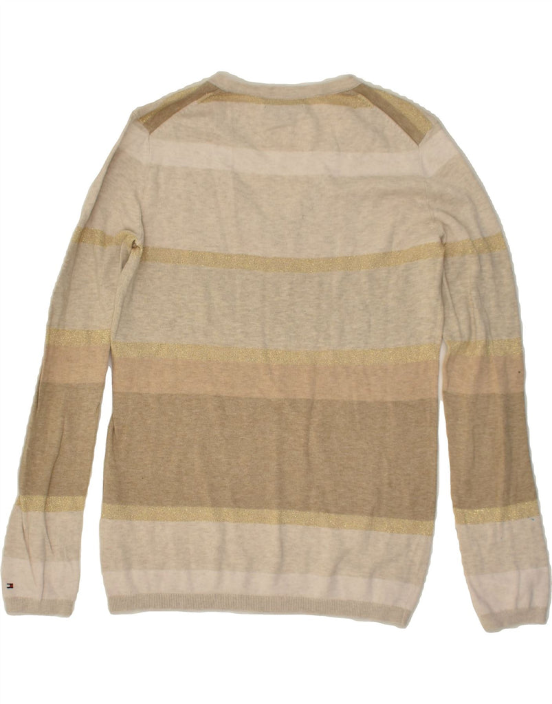 TOMMY HILFIGER Womens V-Neck Jumper Sweater UK 6 XS Beige Striped Cotton | Vintage Tommy Hilfiger | Thrift | Second-Hand Tommy Hilfiger | Used Clothing | Messina Hembry 