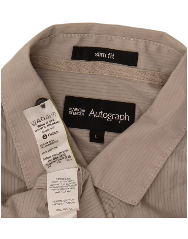 Marks & Spencer Mens Autograph Short Sleeve Shirt Large Beige Striped