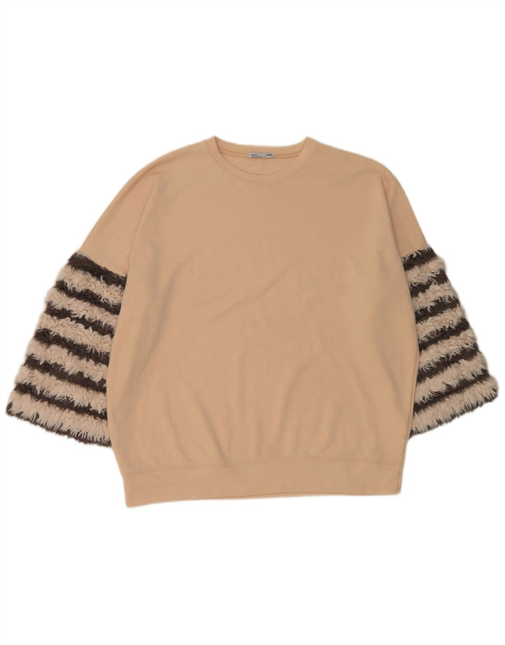Zara Womens 3/4 Sleeve Oversized Sweatshirt Jumper UK 14 Medium Beige