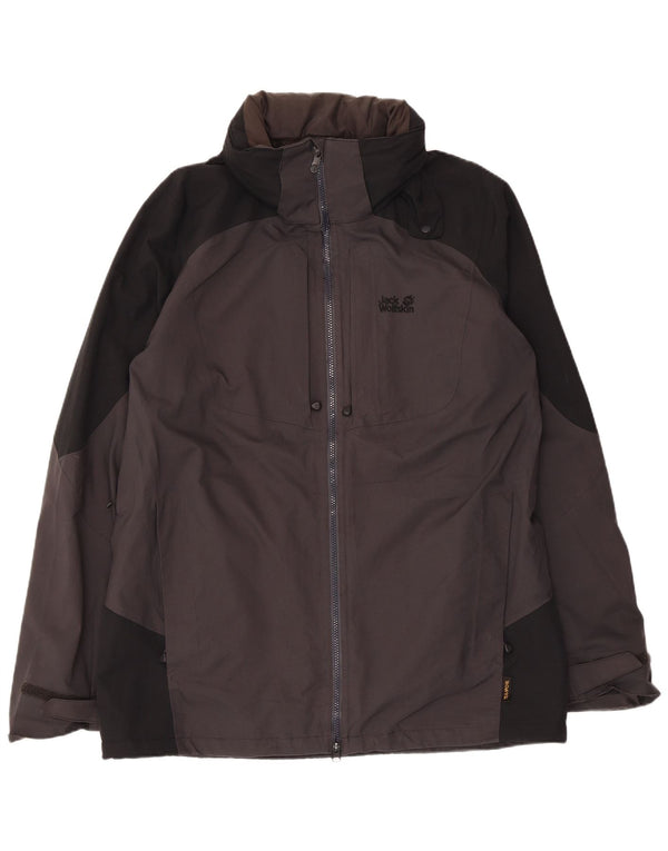 Jack Wolfskin Mens Hooded Rain Jacket UK 44/46 XL Grey Colourblock