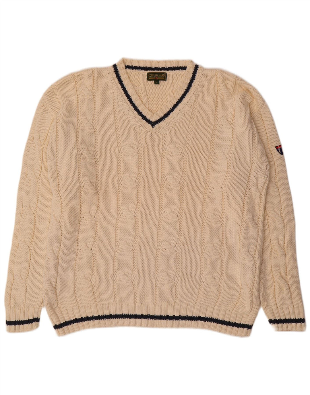 CONTE MASSIMO Mens Loose Fit V-Neck Jumper Sweater Medium Off White Cotton