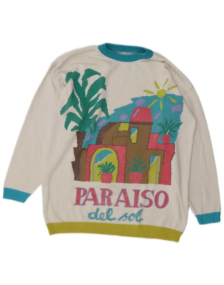 VINTAGE Womens Crew Neck Jumper Sweater UK 16 Large White Colourblock