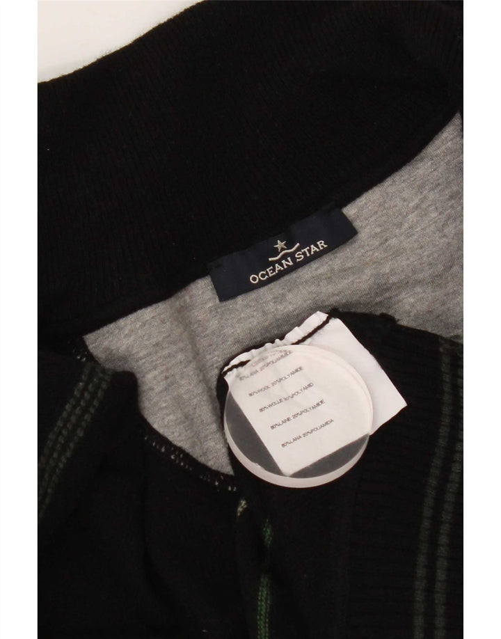 Ocean Star Mens Cardigan Sweater Medium Black Striped Wool