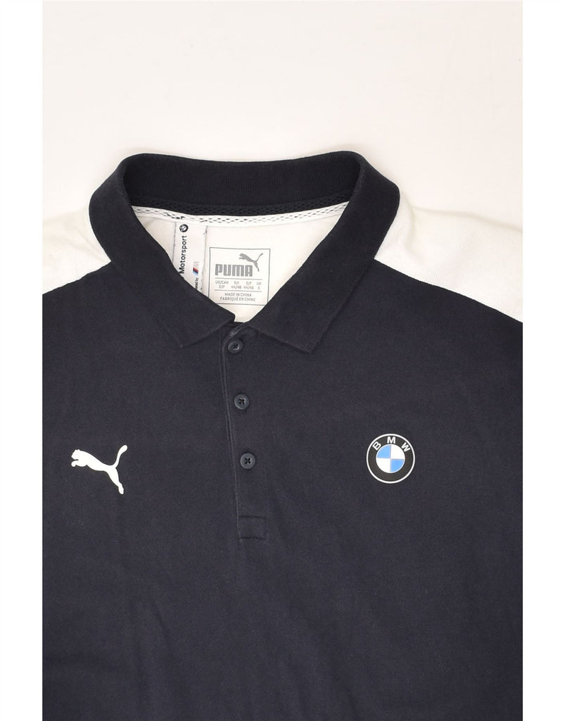 PUMA Mens BMW Graphic Polo Shirt Small Navy Blue Colourblock Cotton | Vintage Puma | Thrift | Second-Hand Puma | Used Clothing | Messina Hembry 