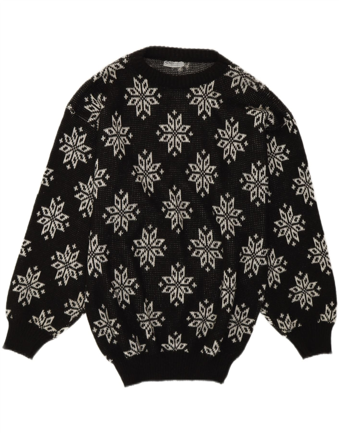 Vintage Womens Snowflake Crew Neck Jumper Sweater UK 14 Medium Black Retro