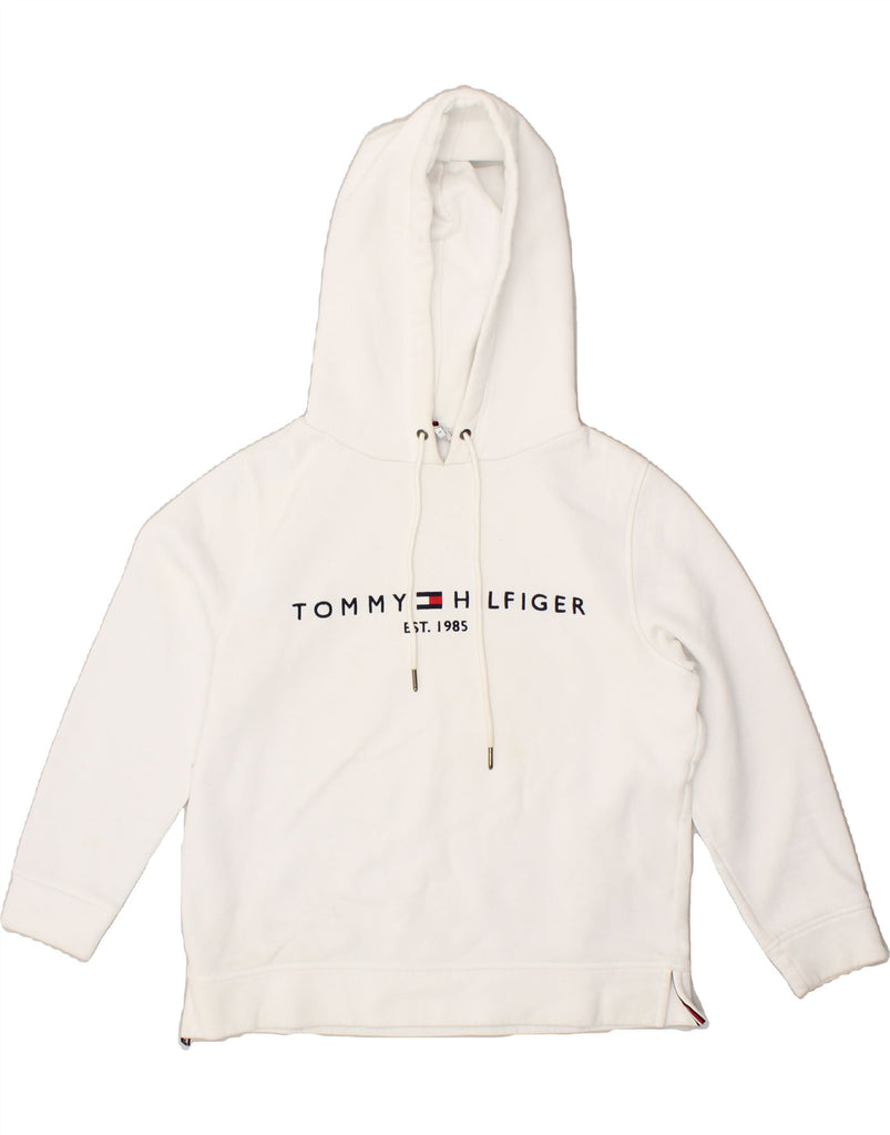 TOMMY HILFIGER Womens Loose Fit Graphic Hoodie Jumper UK 14 Medium White Vintage Tommy Hilfiger and Second-Hand Tommy Hilfiger from Messina Hembry 