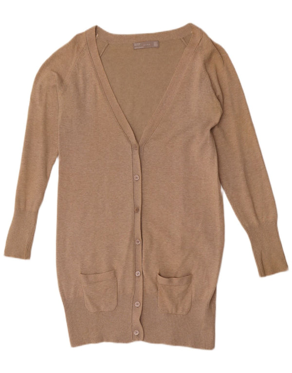 Zara Womens Longline Cardigan Sweater UK 14 Large Beige Cotton