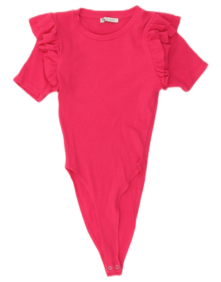 Zara Womens Bodysuit UK 10 Small Pink Cotton