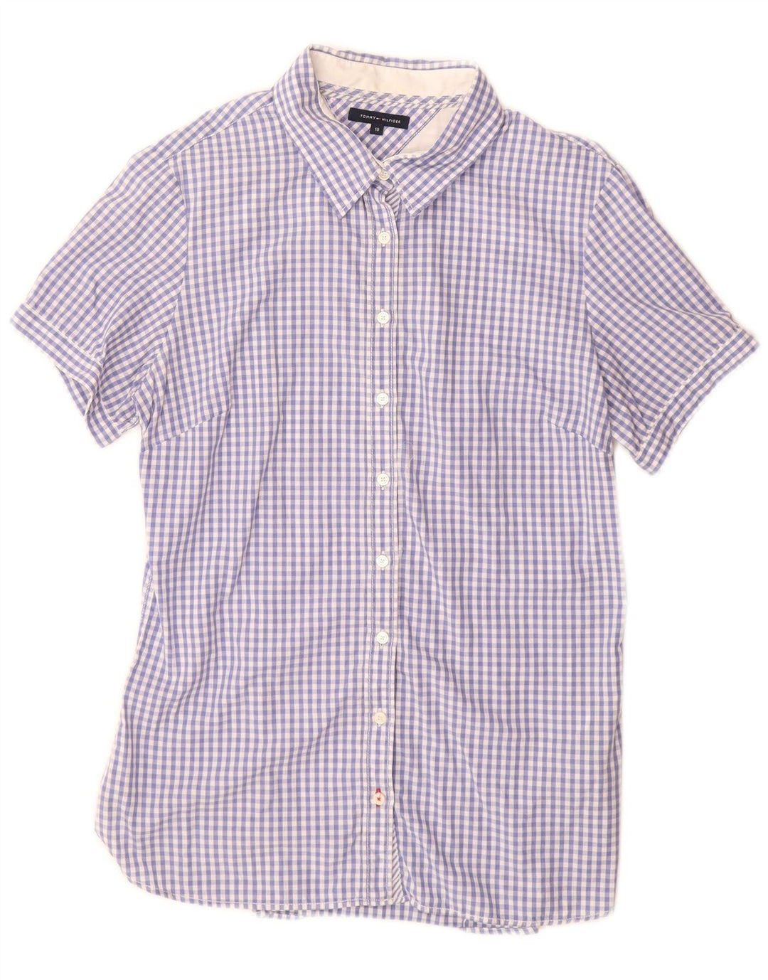 Tommy Hilfiger Womens Short Sleeve Shirt US 10 Large Blue Gingham Cotton