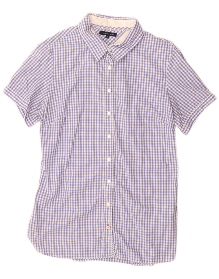 Tommy Hilfiger Womens Short Sleeve Shirt US 10 Large Blue Gingham Cotton