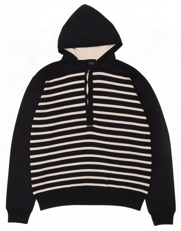 Zara Mens Hooded Button Neck Jumper Sweater XL Navy Blue Striped Cotton