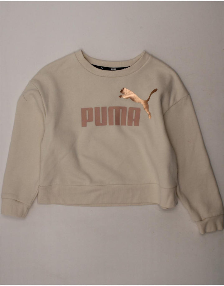 PUMA Girls Oversized Crop Sweatshirt Jumper 9-10 Years  Off White Cotton Vintage Puma and Second-Hand Puma from Messina Hembry 