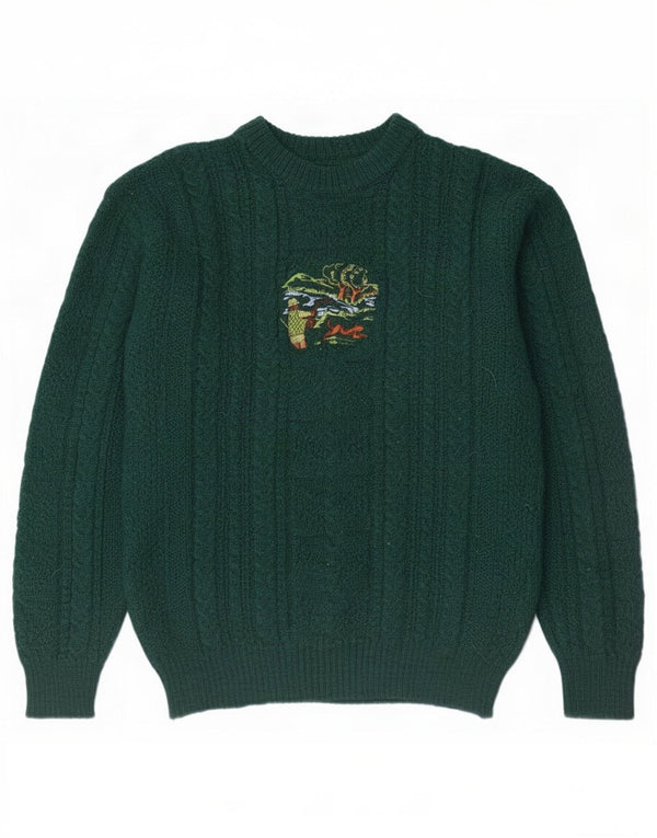 Glenhusky Mens Graphic Boat Neck Jumper Sweater Medium Green New Wool