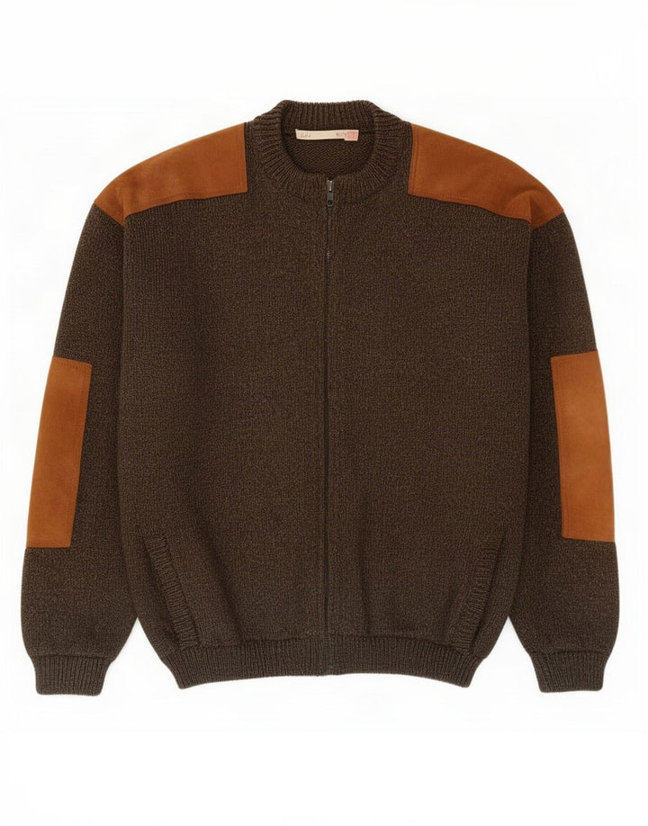 Vintage Mens Zip Cardigan Sweater Medium Khaki Colourblock