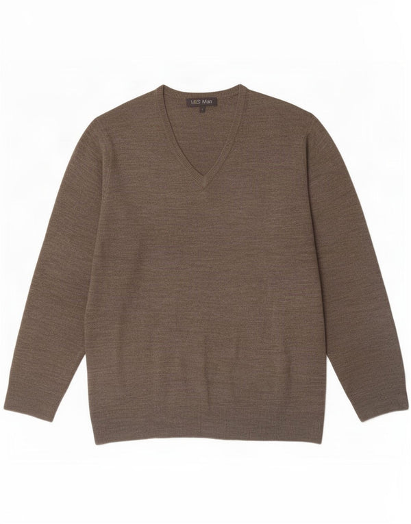 Marks & Spencer Mens V-Neck Jumper Sweater Large Khaki Flecked Acrylic