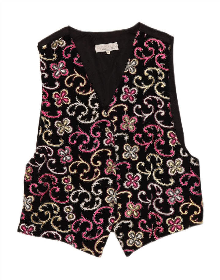 VINTAGE Womens Waistcoat UK 14 Medium Black Floral Viscose Vintage Vintage and Second-Hand Vintage from Messina Hembry 