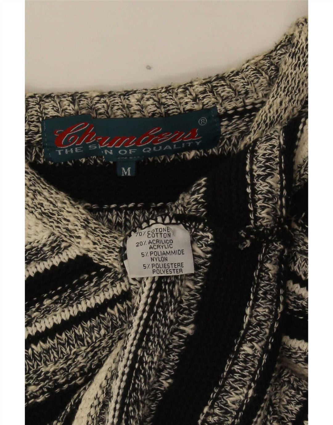 Chambers Mens V-Neck Jumper Sweater Medium Black Striped Cotton